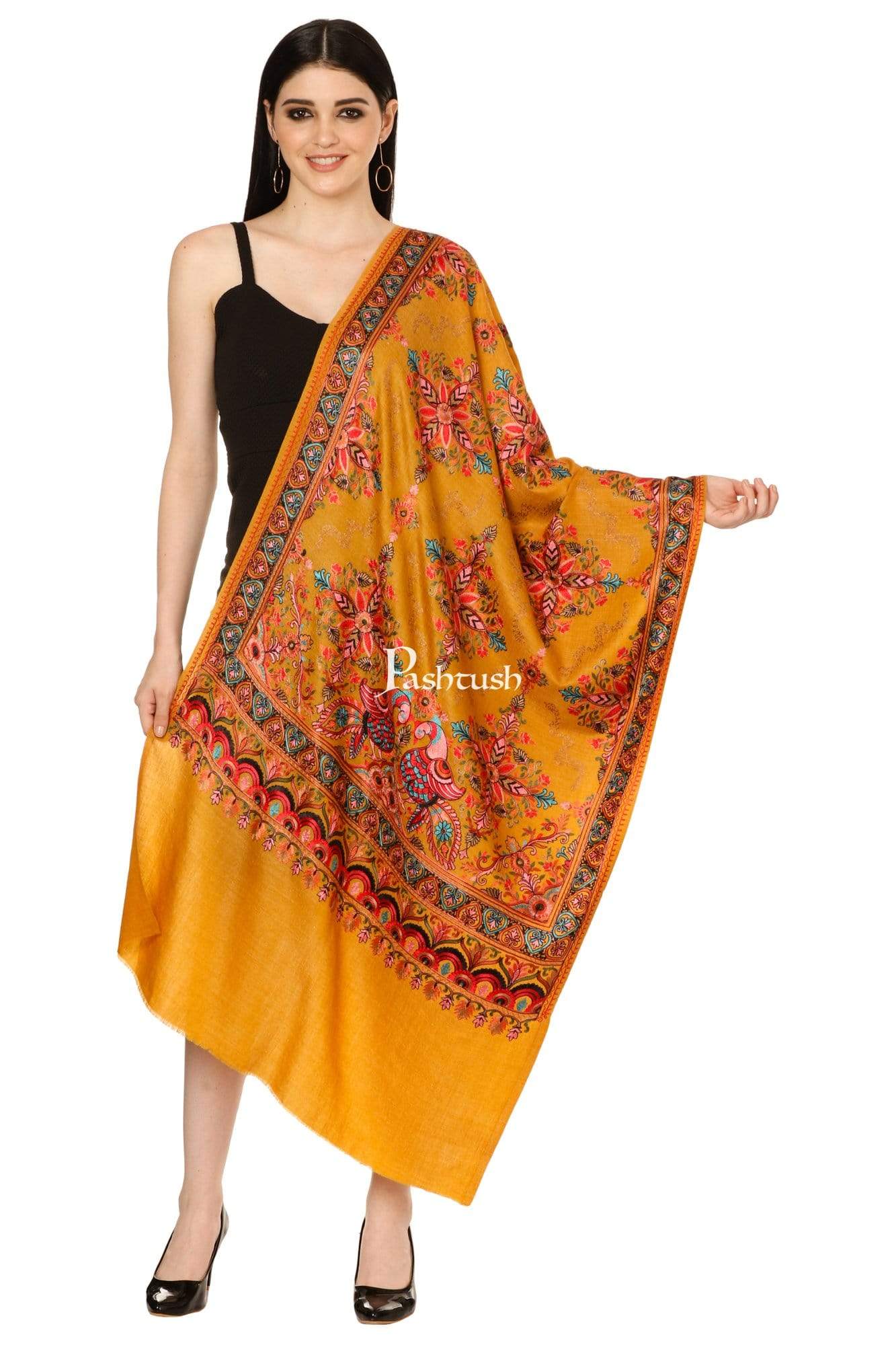 Pashtush Shawl Store Stole Pashtush Tres Chic Regal Collection, Wool Embroidery Nalki Shawl Scarf, Rich Mustard