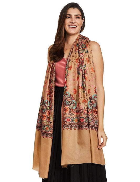 Pashtush India 70x200 Pashtush Tres Chic Regal Collection, Wool Embroidery Nalki Shawl Scarf, Sahara Beige