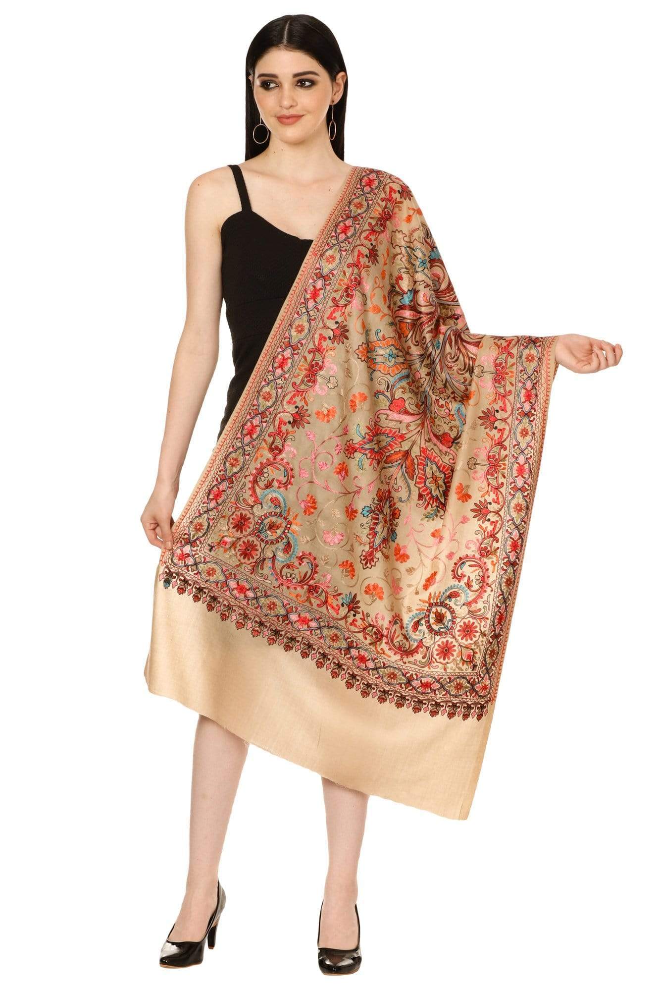 Pashtush India 70x200 Pashtush Tres Chic Regal Collection, Wool Embroidery Nalki Shawl Scarf, Sahara Beige