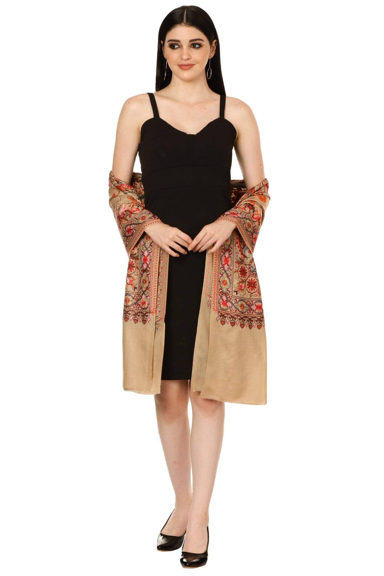 Pashtush India 70x200 Pashtush Tres Chic Regal Collection, Wool Embroidery Nalki Shawl Scarf, Sahara Beige