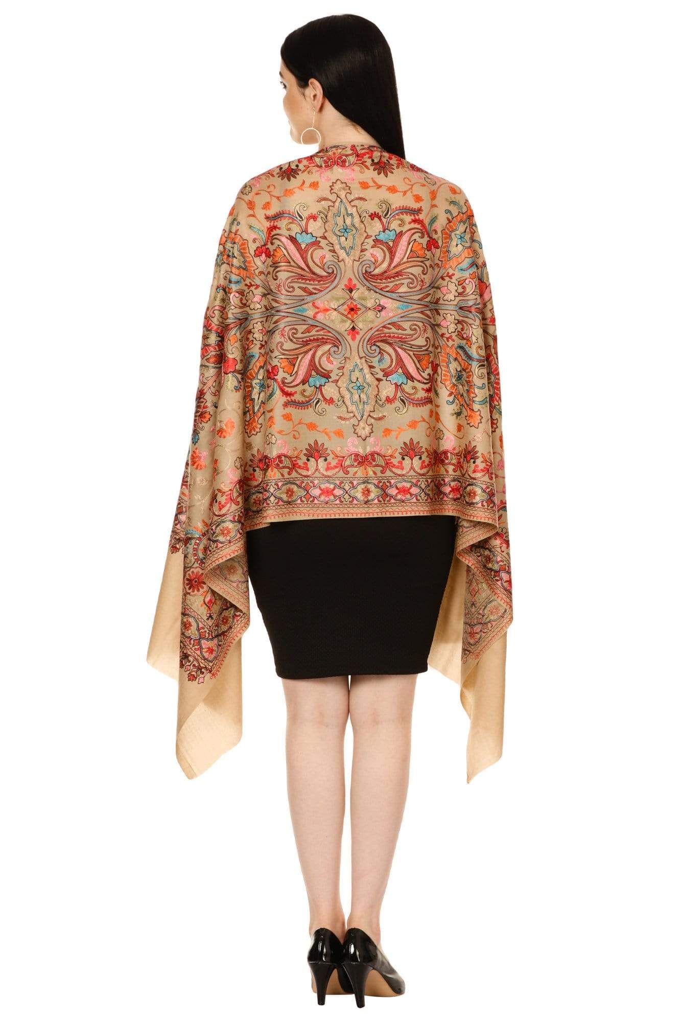 Pashtush India 70x200 Pashtush Tres Chic Regal Collection, Wool Embroidery Nalki Shawl Scarf, Sahara Beige