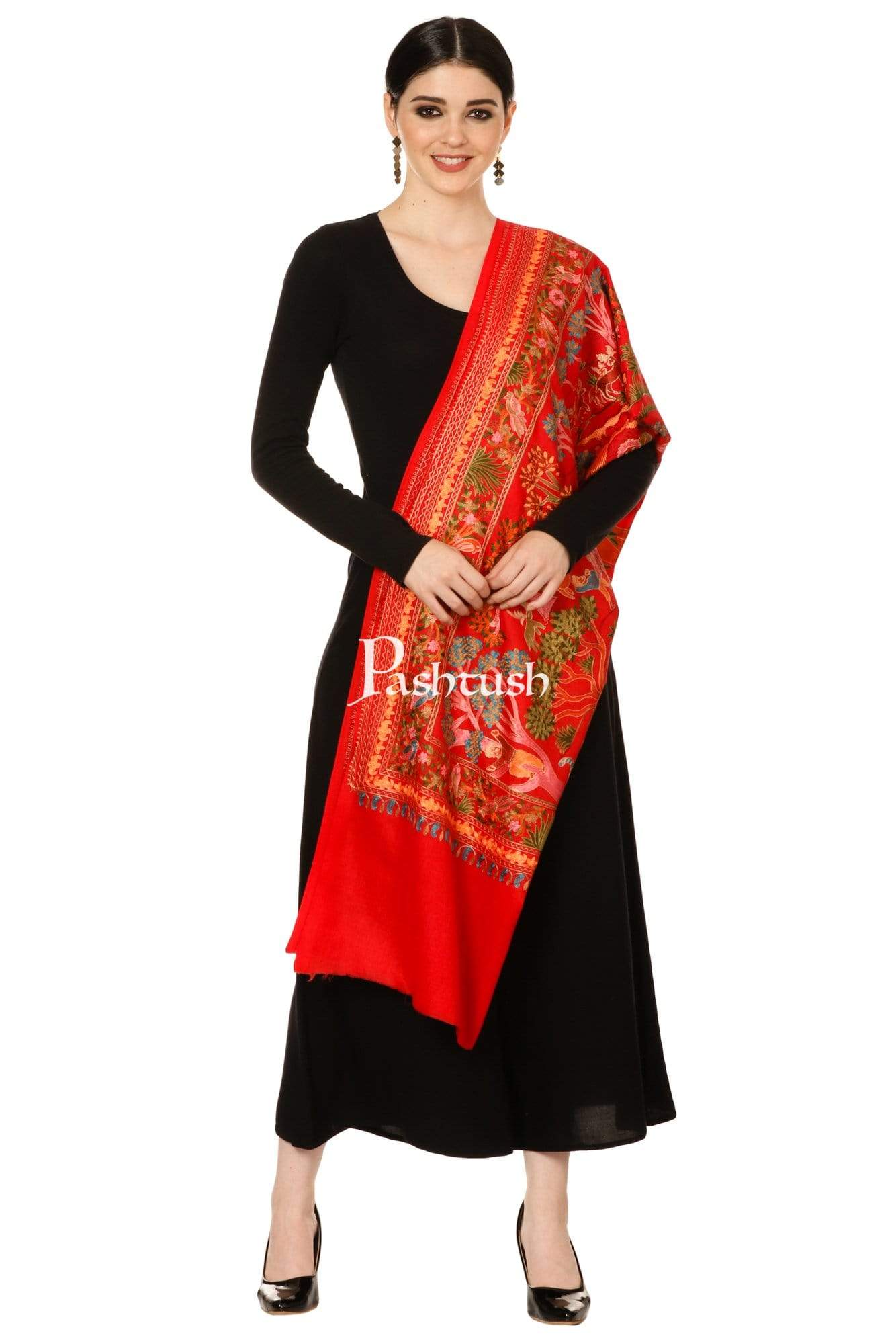 Pashtush Shawl Store Stole Pashtush Tres Chic Regal Collection, Wool Embroidery Nalki Shawl Scarf, Scarlet Red