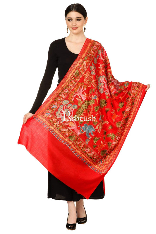 Pashtush Shawl Store Stole Pashtush Tres Chic Regal Collection, Wool Embroidery Nalki Shawl Scarf, Scarlet Red