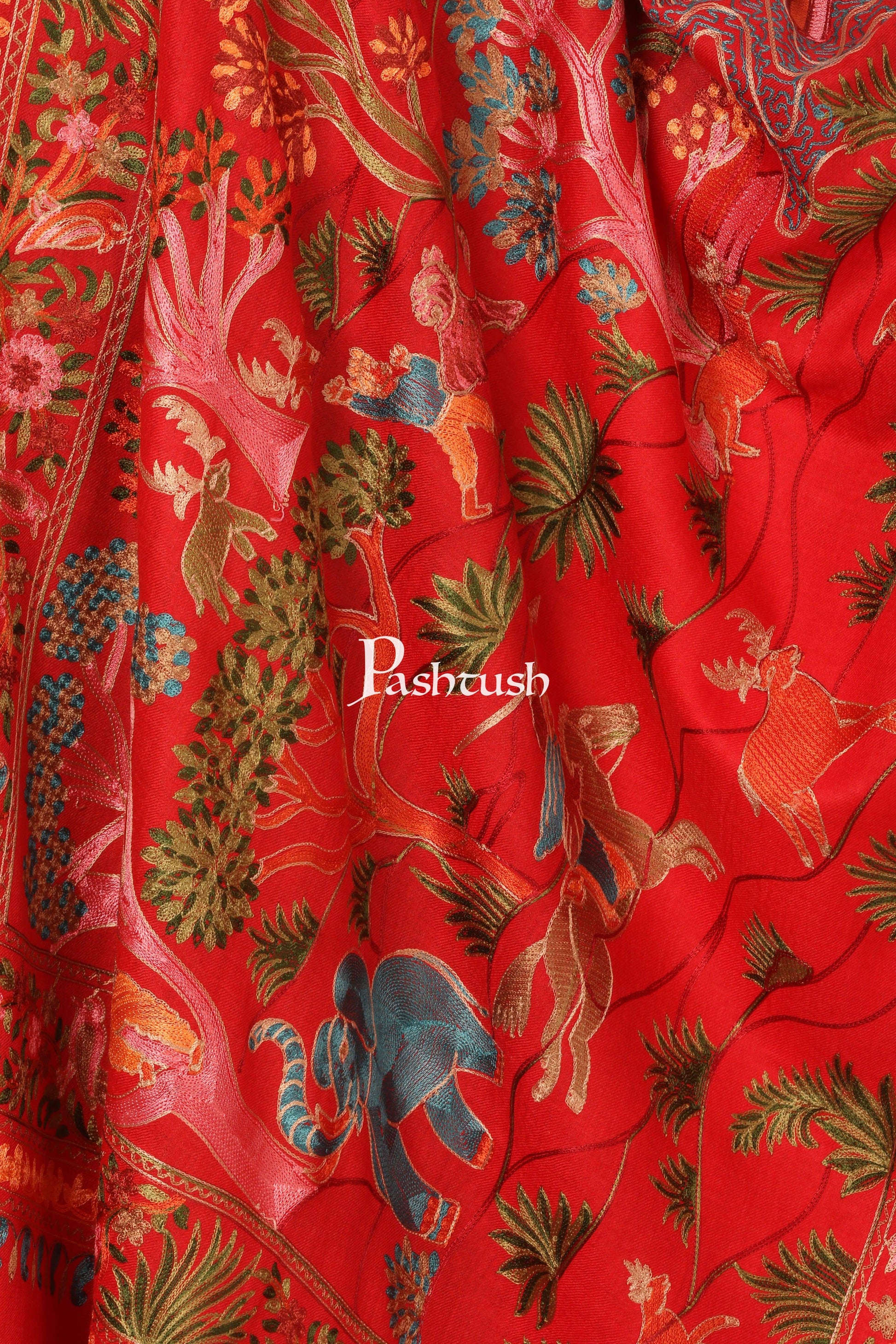 Pashtush Shawl Store Stole Pashtush Tres Chic Regal Collection, Wool Embroidery Nalki Shawl Scarf, Scarlet Red