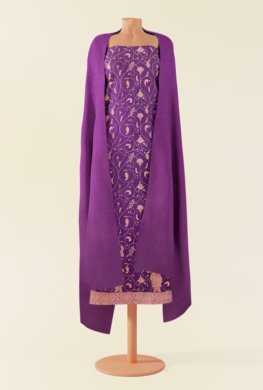 Pashtush India Apparel & Accessories Pashtush Unstitched Kashmiri Embroidery Suit, Fine Wool, Soft and Warm, Mauve