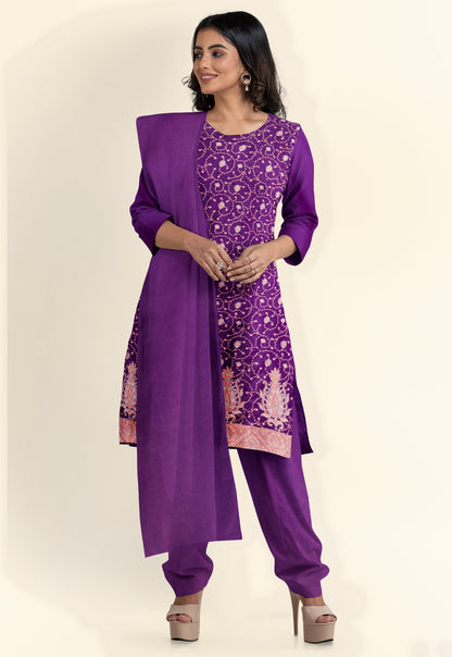 Pashtush India Apparel & Accessories Pashtush Unstitched Kashmiri Embroidery Suit, Fine Wool, Soft and Warm, Purple