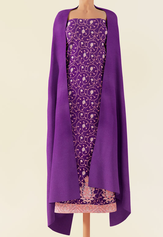 Pashtush India Apparel & Accessories Pashtush Unstitched Kashmiri Embroidery Suit, Fine Wool, Soft and Warm, Purple