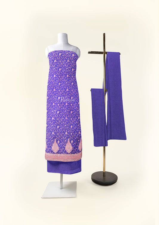 Pashtush India Apparel & Accessories Pashtush Unstitched Kashmiri Embroidery Suit with shawl, Fine Wool, Soft and Warm, Blue