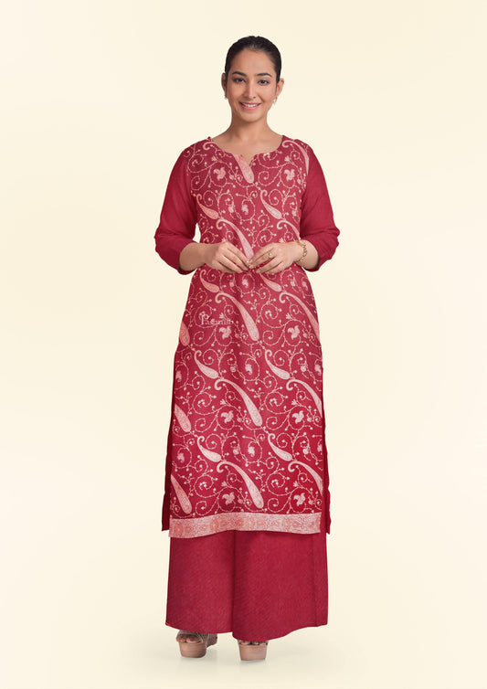 Pashtush India Apparel & Accessories Pashtush Unstitched Kashmiri Embroidery Suit with shawl, Fine Wool, Soft and Warm, Maroon