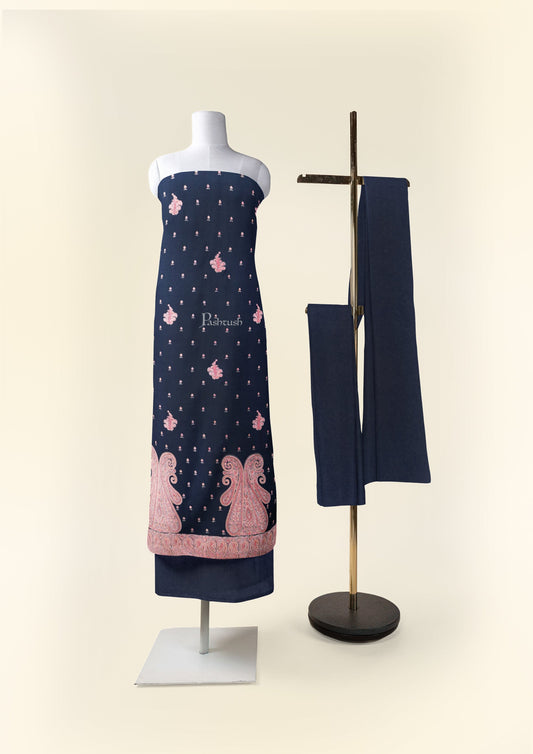 Pashtush India Apparel & Accessories Pashtush Unstitched Kashmiri Embroidery Suit with shawl, Fine Wool, Soft and Warm, Navy Blue