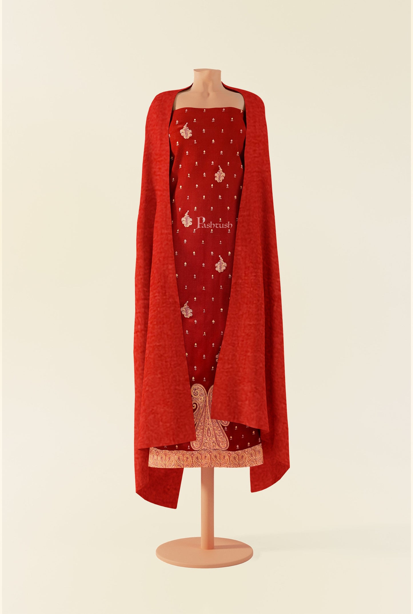 Pashtush India Apparel & Accessories Pashtush Unstitched Kashmiri Embroidery Suit with shawl, Fine Wool, Soft and Warm, Red
