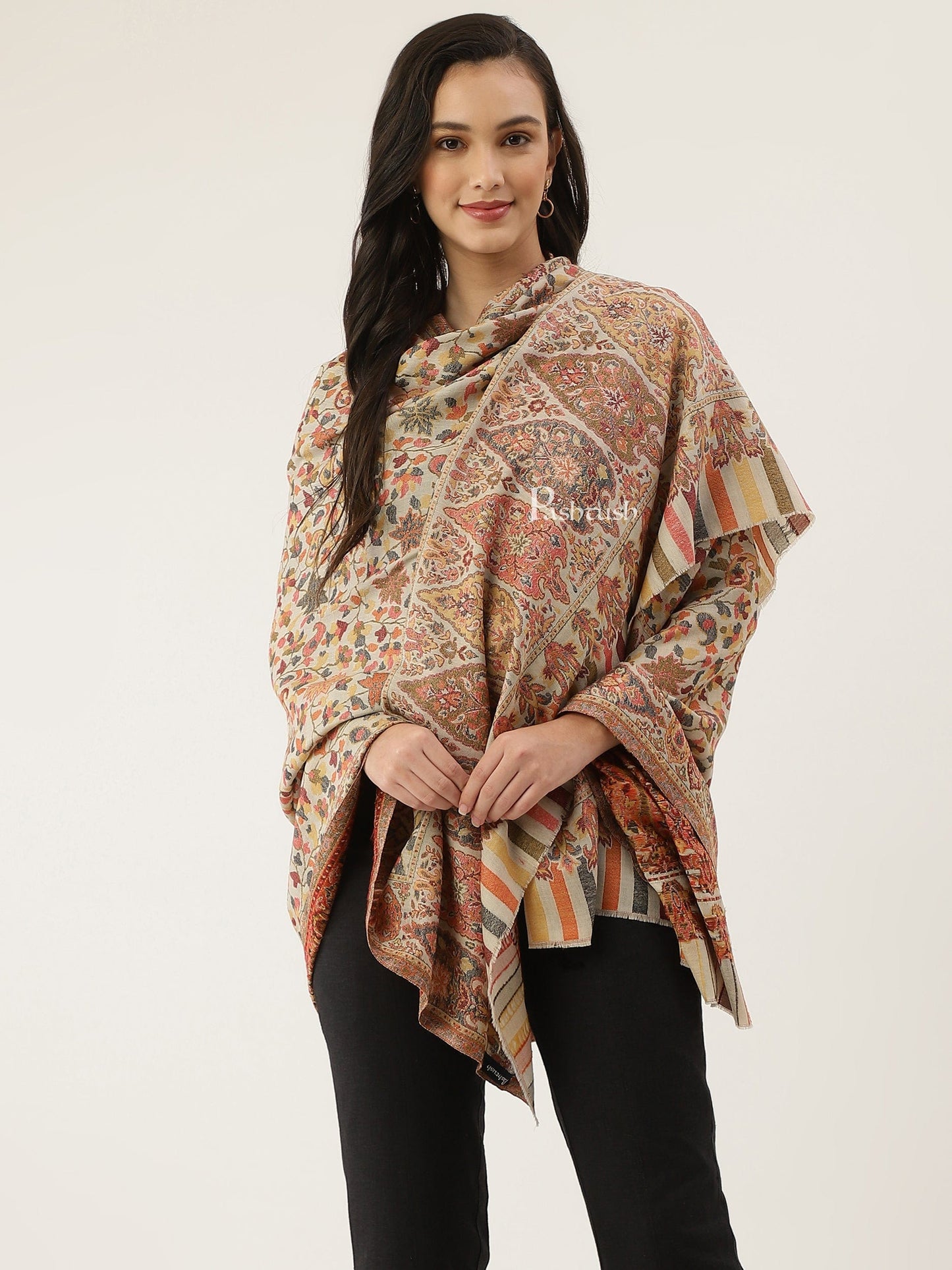 Pashtush India Womens Shawls Pashtush women Extra Fine Wool shawl, ethnic motifs design, Beige