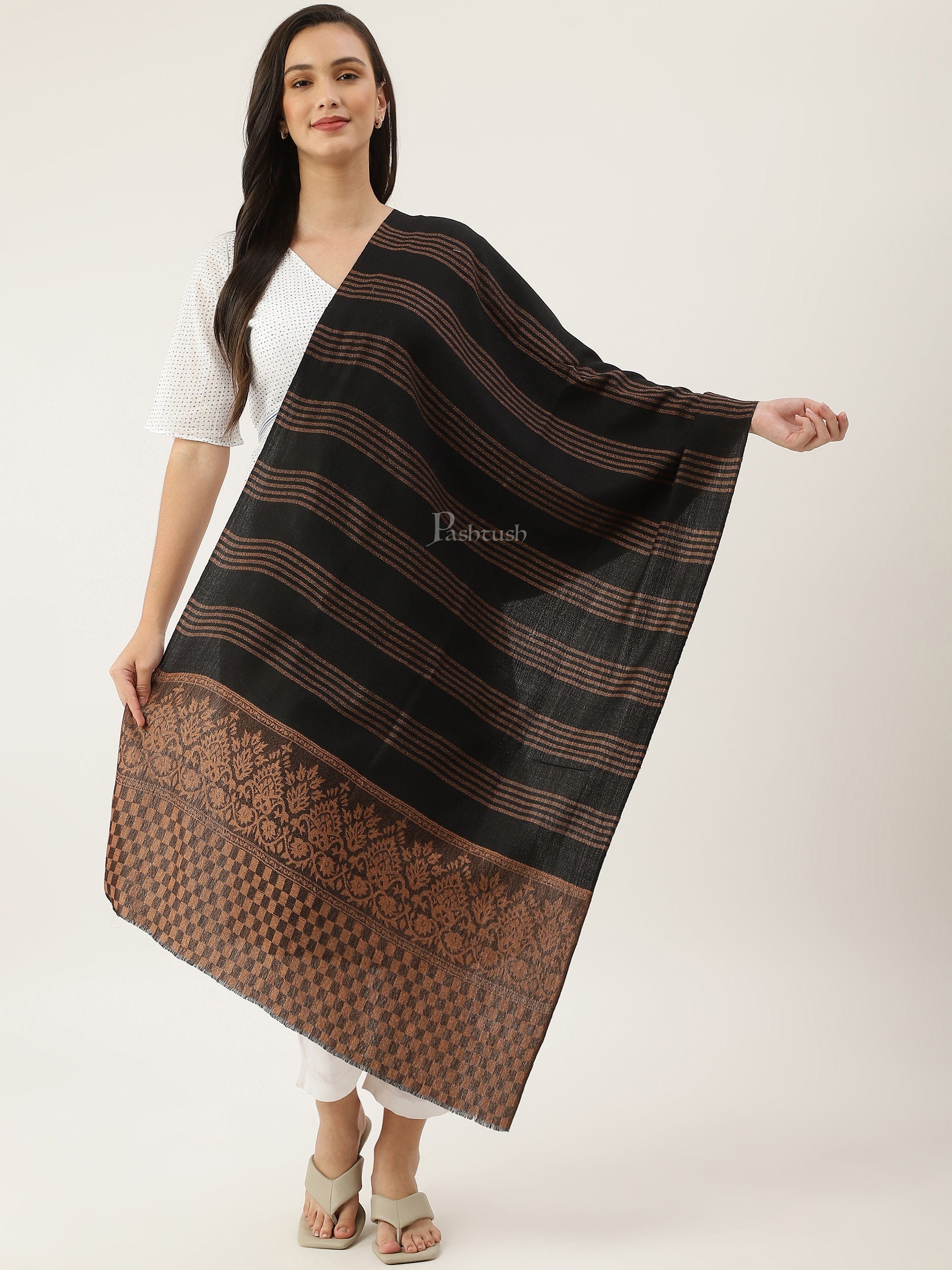 Pashtush India Womens Stoles and Scarves Scarf Pashtush women Extra Fine Wool stole, check design, black