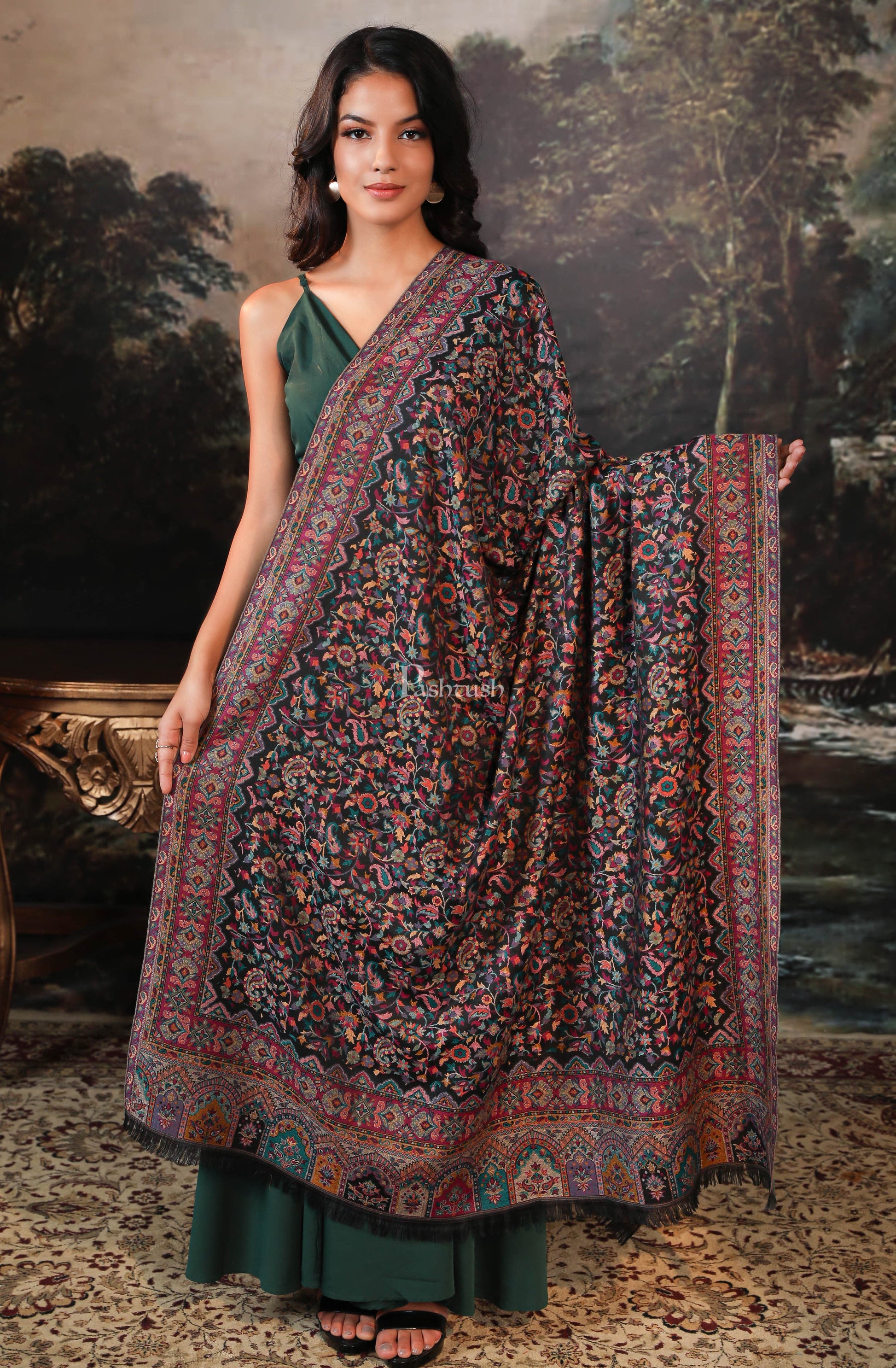 Pashtush India Womens Shawls Pashtush women faux pashmina shawl, ethnic weave design, black