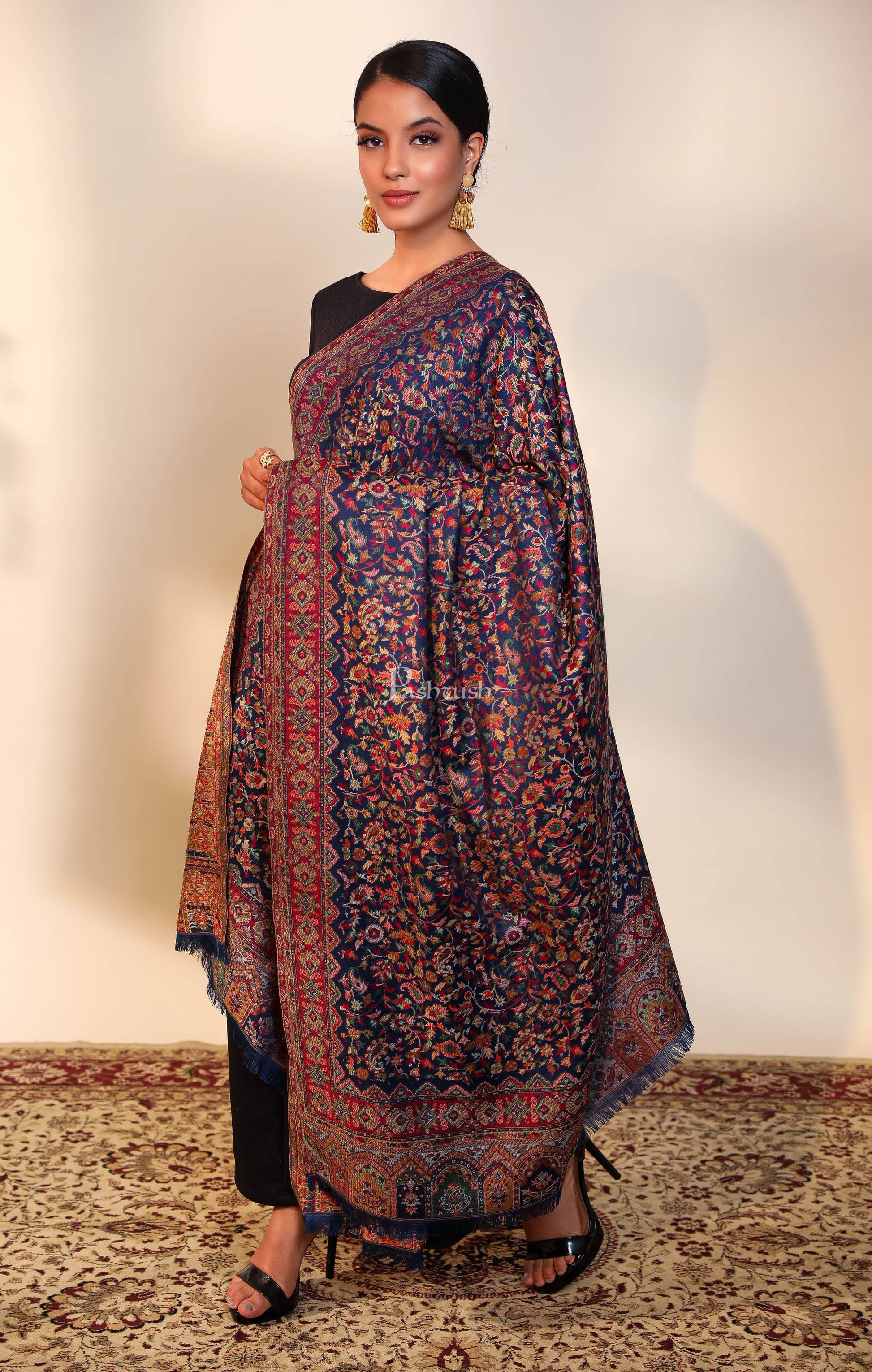 Pashtush India Womens Shawls Pashtush women faux pashmina shawl, ethnic weave design, navy blue