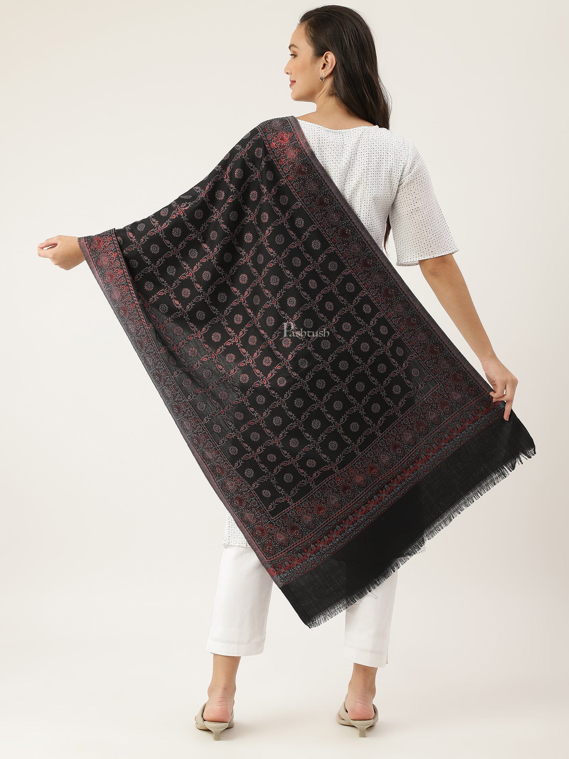 Pashtush India Womens Stoles and Scarves Scarf Pashtush women Faux Pashmina stole, paisley weave with zari design, Black