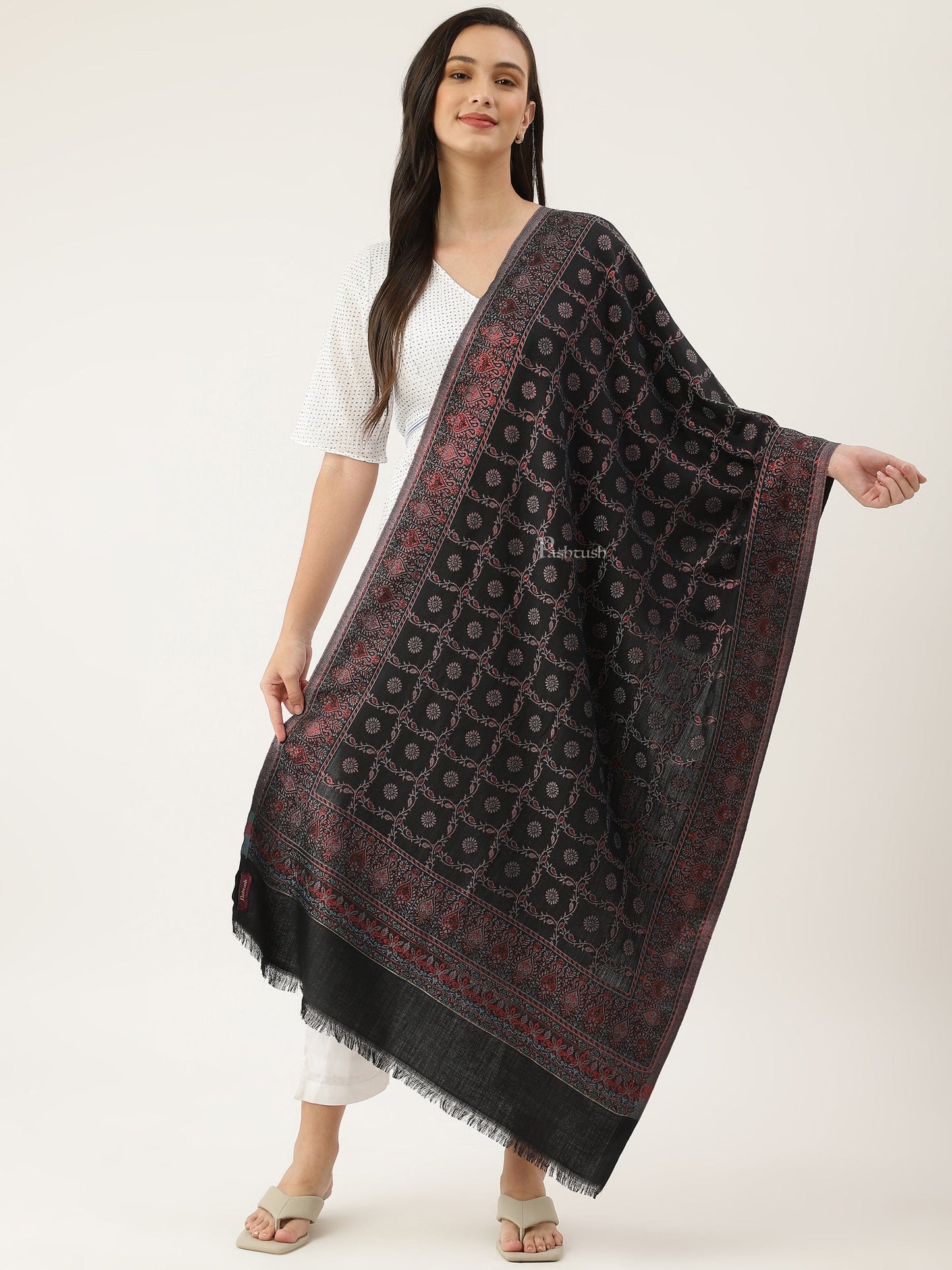 Pashtush India Womens Stoles and Scarves Scarf Pashtush women Faux Pashmina stole, paisley weave with zari design, Black