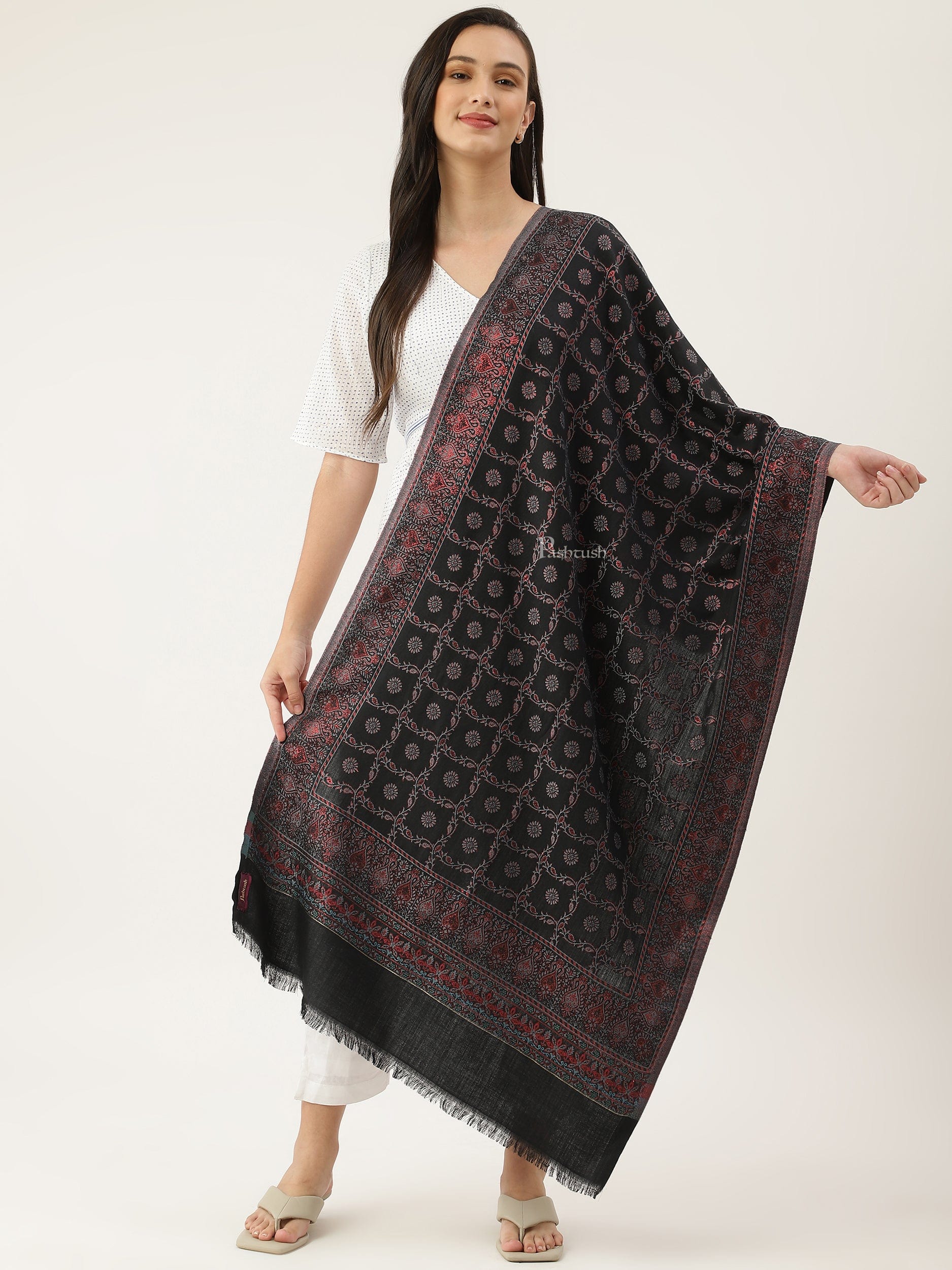 Pashtush India Womens Stoles and Scarves Scarf Pashtush women Faux Pashmina stole, paisley weave with zari design, Black