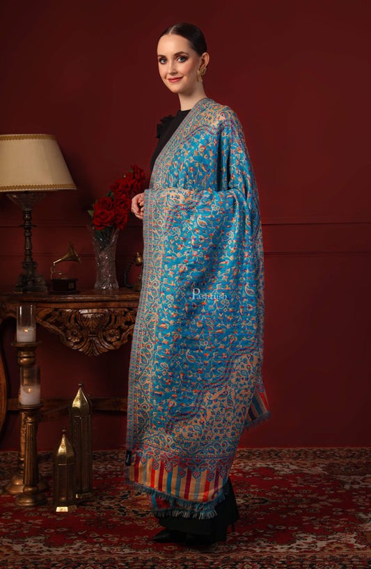 Pashtush India 100x200 Pashtush Women Faux Pashmina, Woven Design Jamawar Shawl, Blue Beige
