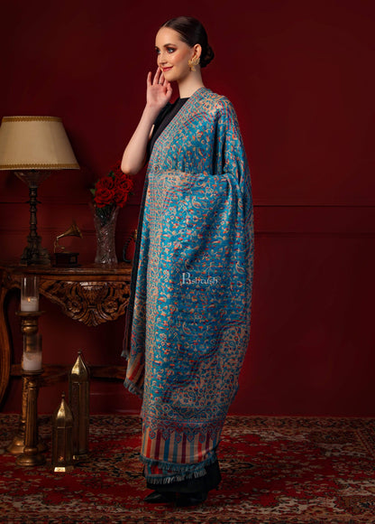 Pashtush India 100x200 Pashtush Women Faux Pashmina, Woven Design Jamawar Shawl, Blue Beige
