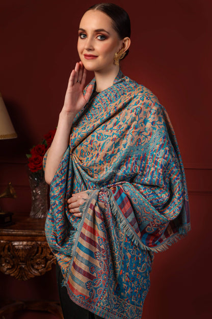 Pashtush India 100x200 Pashtush Women Faux Pashmina, Woven Design Jamawar Shawl, Blue Beige
