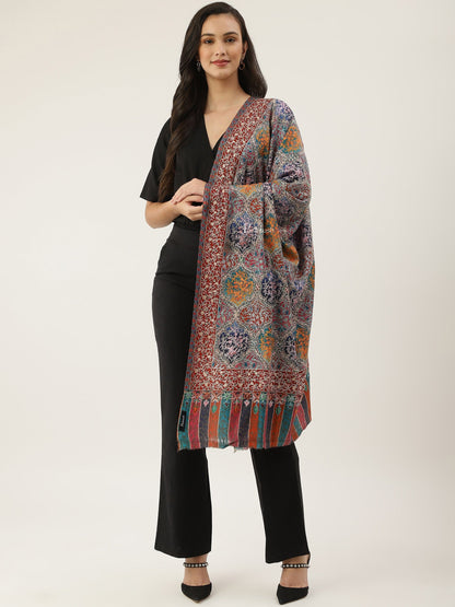 Pashtush India Womens Shawls Pashtush women Fine Wool shawl, Hand Embroidered Kalamkari design, Multicolour