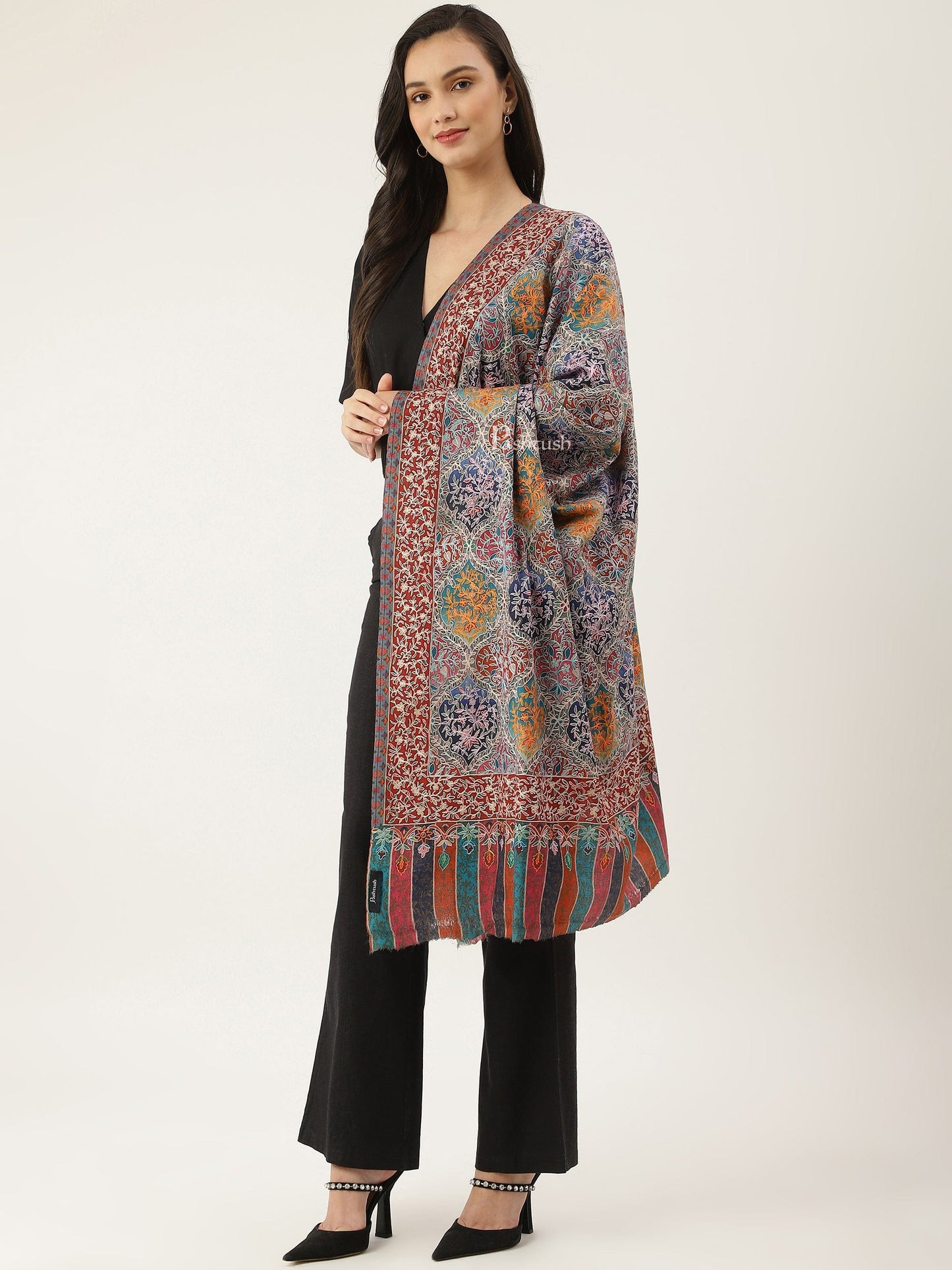 Pashtush India Womens Shawls Pashtush women Fine Wool shawl, Hand Embroidered Kalamkari design, Multicolour