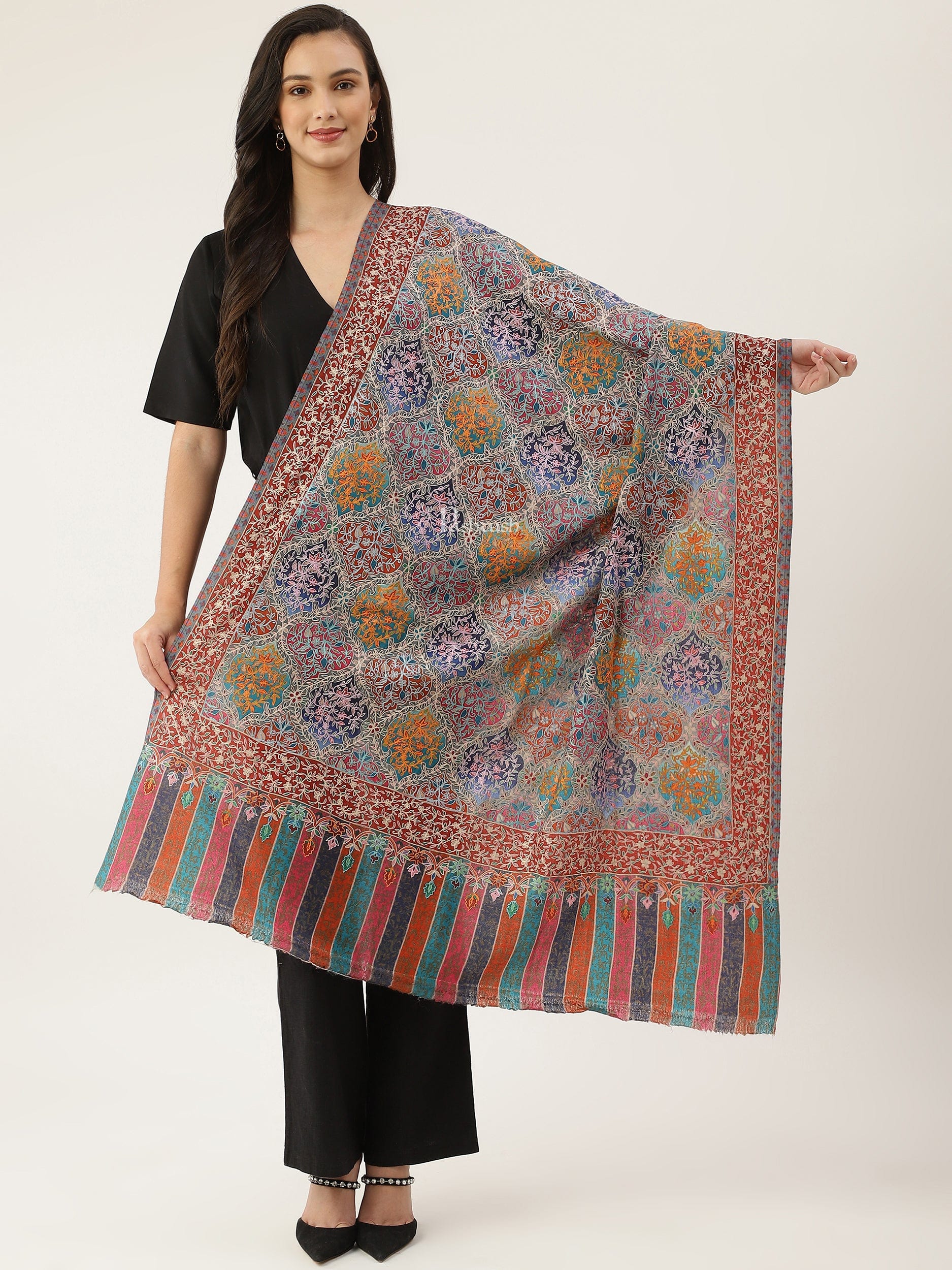 Pashtush India Womens Shawls Pashtush women Fine Wool shawl, Hand Embroidered Kalamkari design, Multicolour