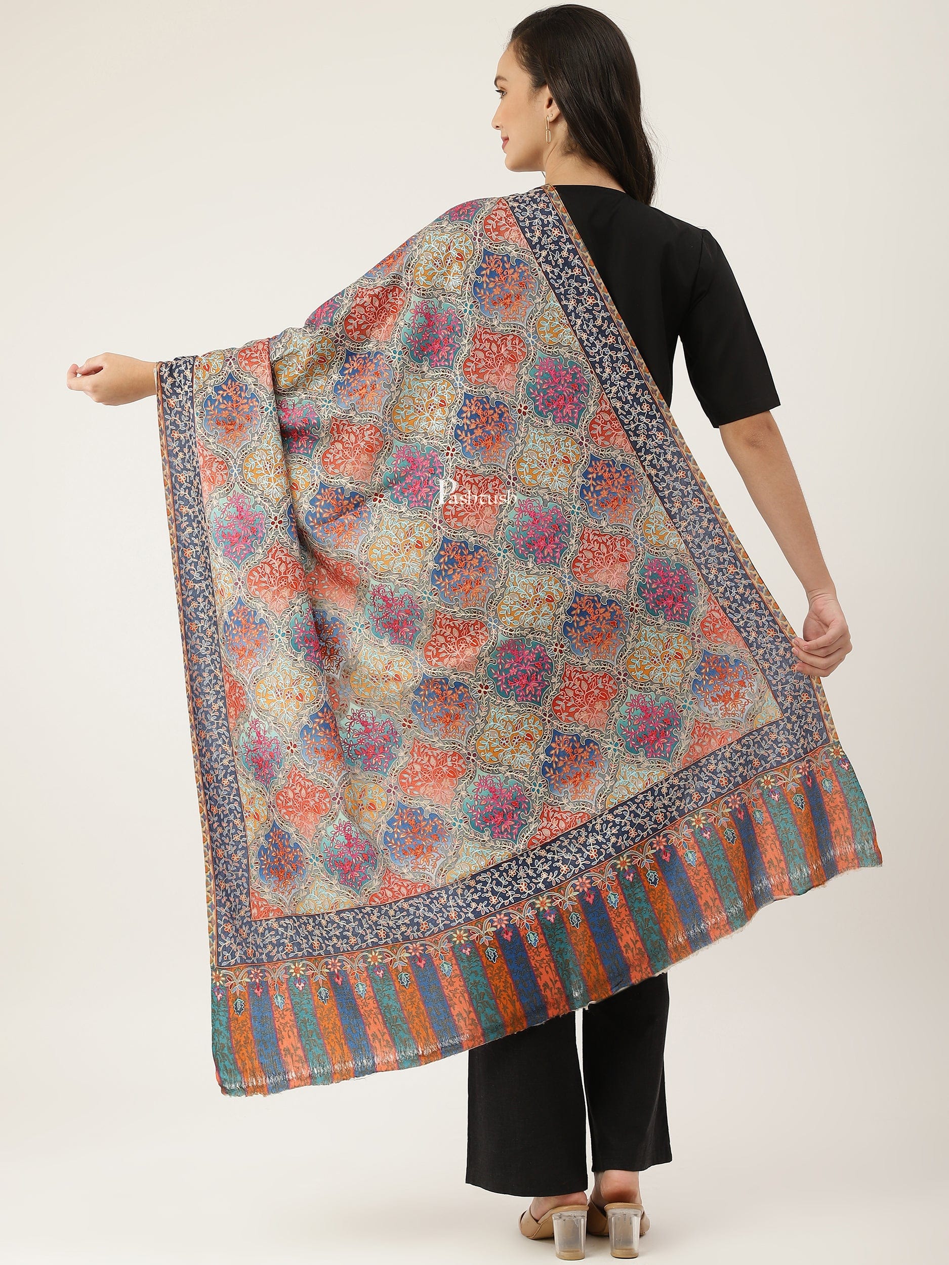 Pashtush India Womens Shawls Pashtush women Fine Wool shawl, Hand Embroidered Kalamkari design, Multicolour