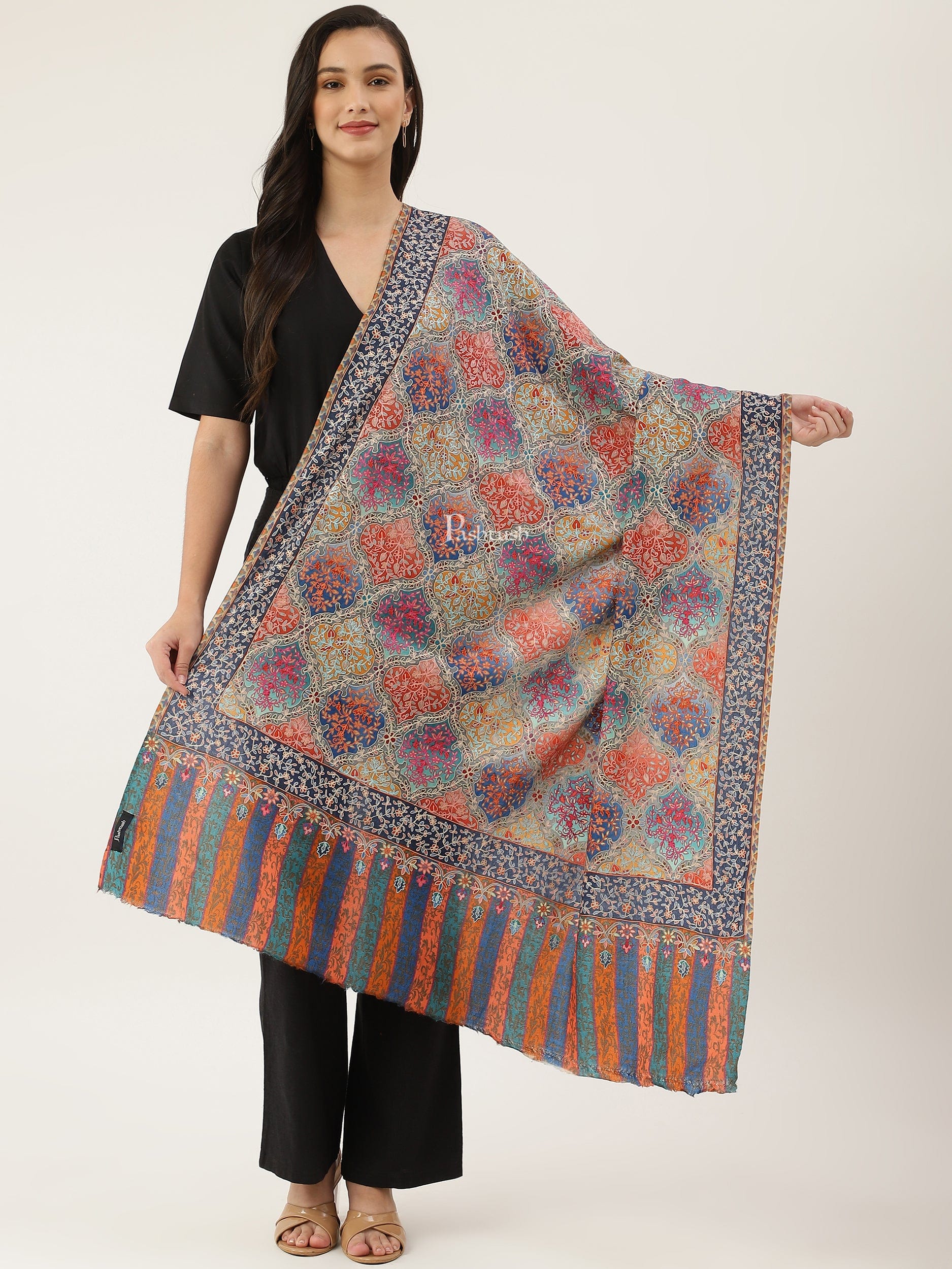 Pashtush India Womens Shawls Pashtush women Fine Wool shawl, Hand Embroidered Kalamkari design, Multicolour