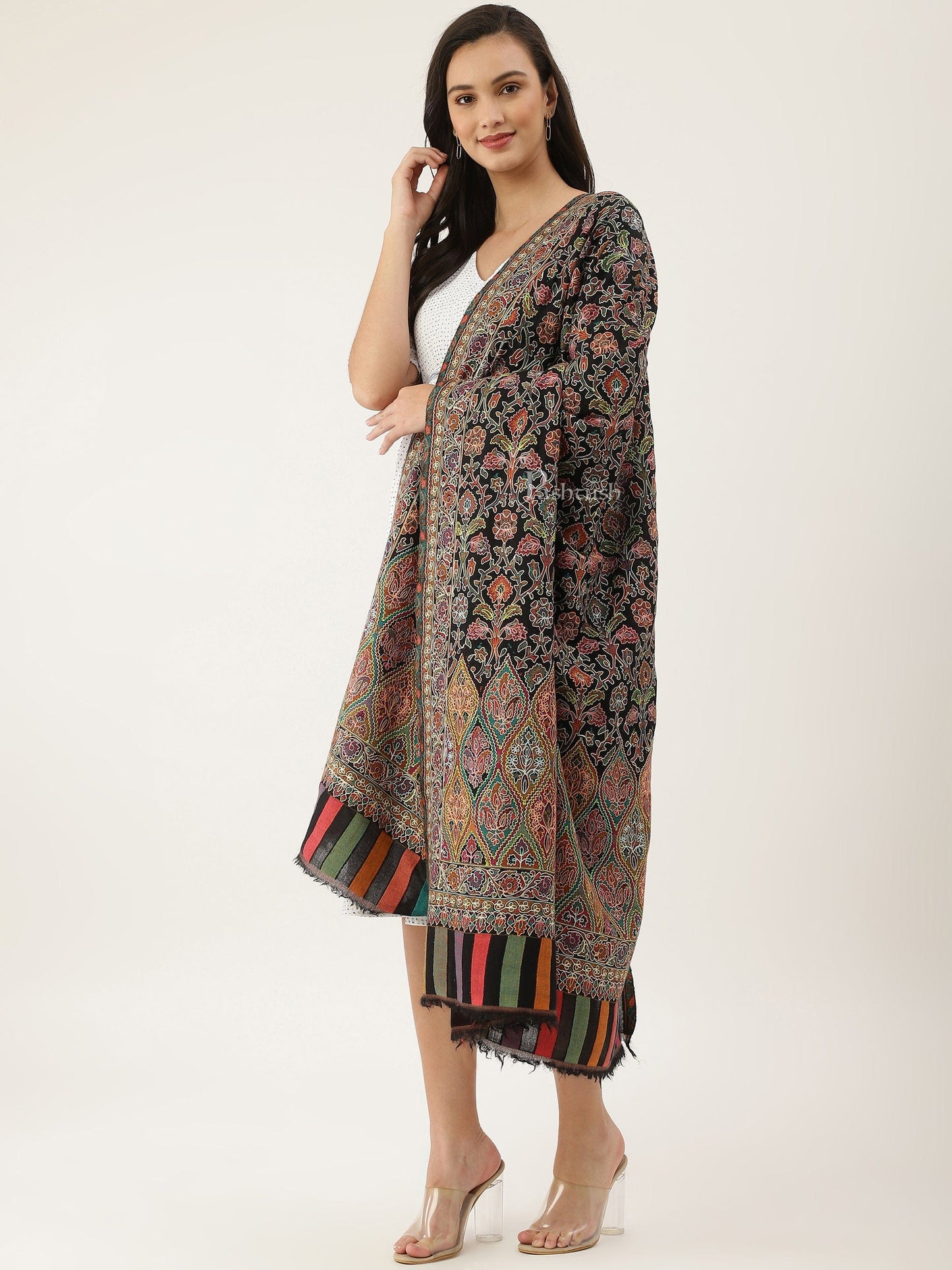 Pashtush India Womens Shawls Pashtush women Fine Wool shawl, Hand Embroidered Kalamkari design, Multicolour