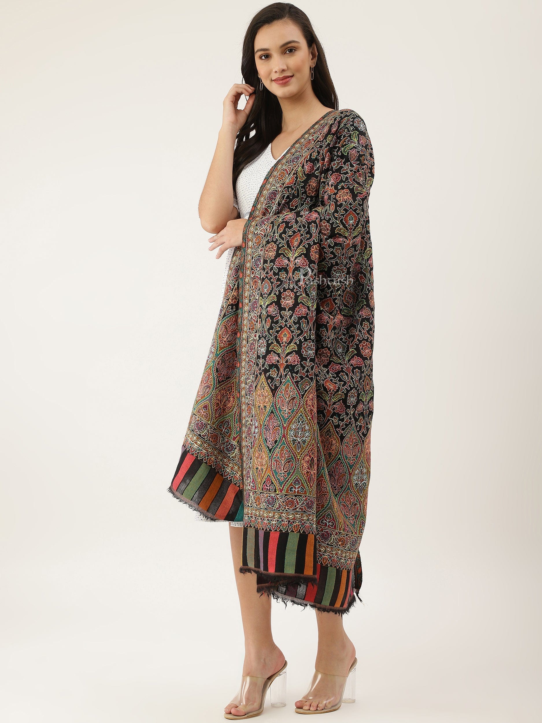 Pashtush India Womens Shawls Pashtush women Fine Wool shawl, Hand Embroidered Kalamkari design, Multicolour