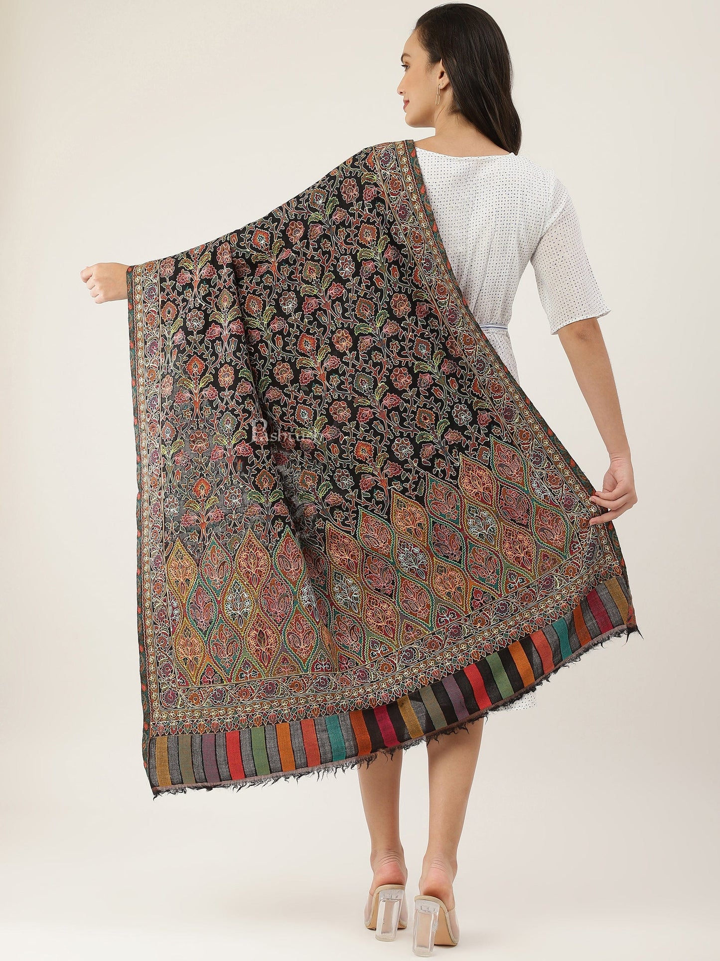 Pashtush India Womens Shawls Pashtush women Fine Wool shawl, Hand Embroidered Kalamkari design, Multicolour