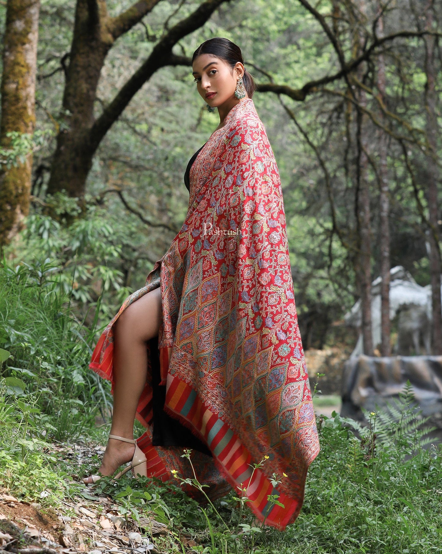 Pashtush India Womens Shawls Pashtush women Fine Wool shawl, Hand Embroidered Kalamkari design, Multicolour