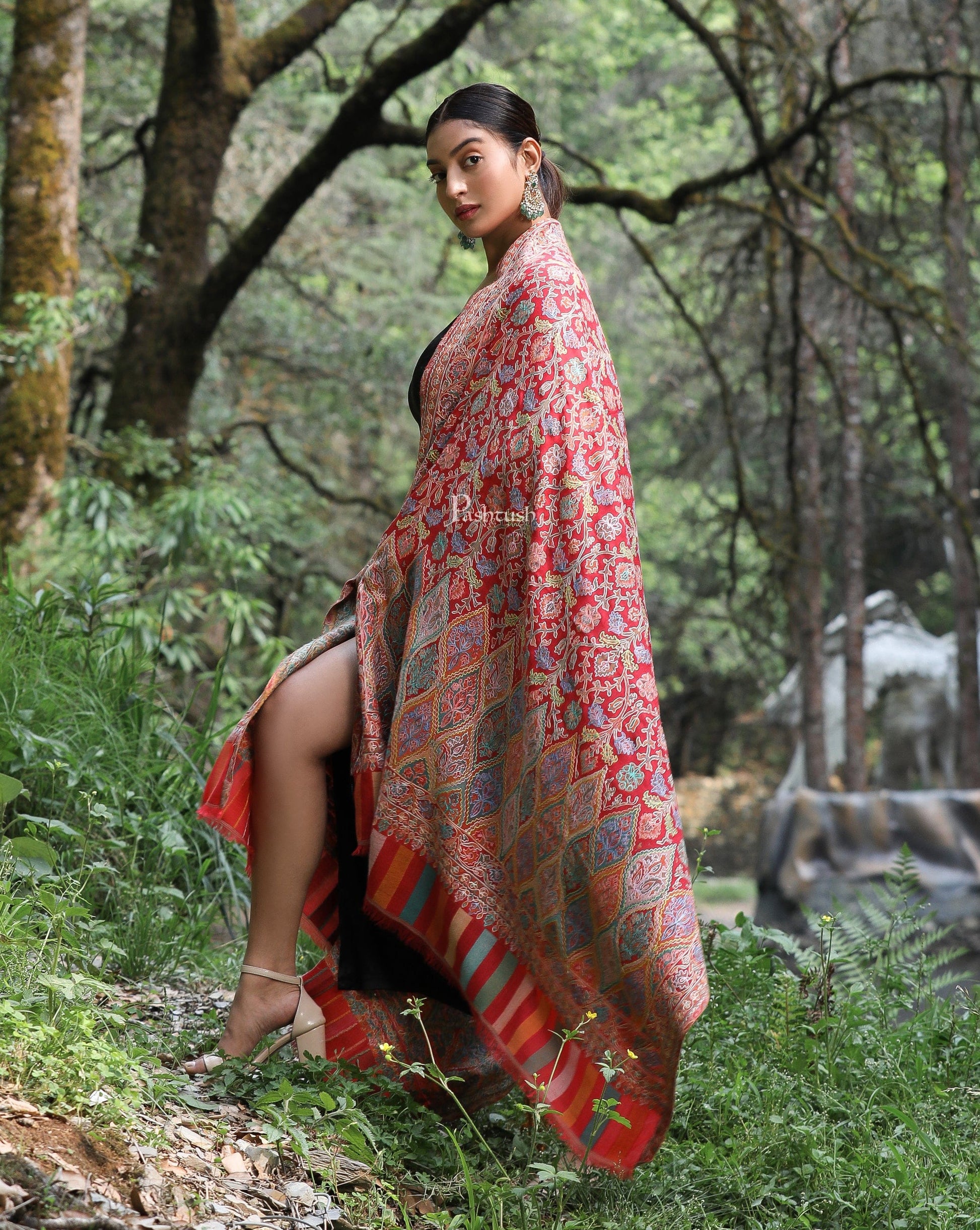 Pashtush India Womens Shawls Pashtush women Fine Wool shawl, Hand Embroidered Kalamkari design, Multicolour