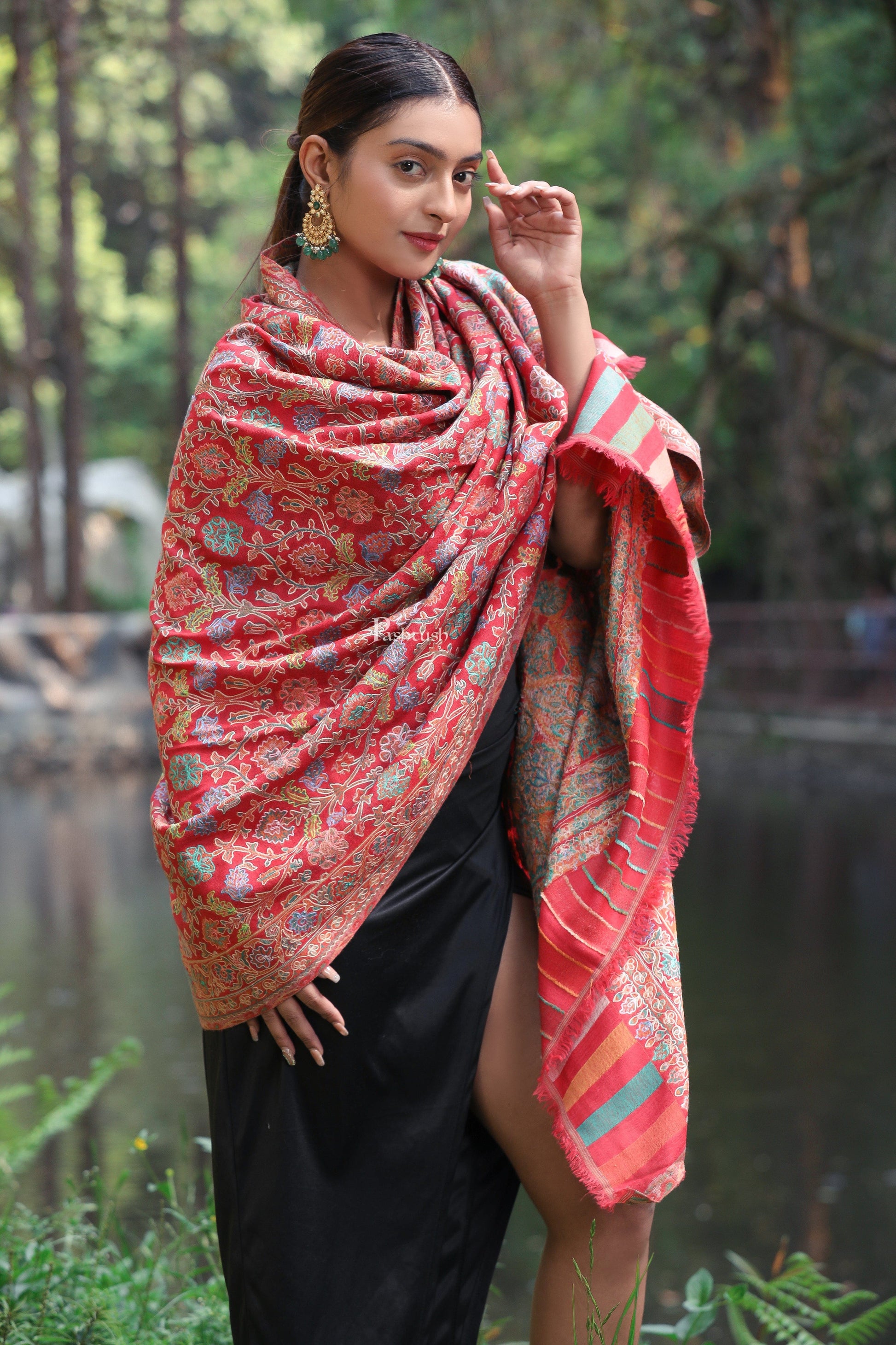 Pashtush India Womens Shawls Pashtush women Fine Wool shawl, Hand Embroidered Kalamkari design, Multicolour