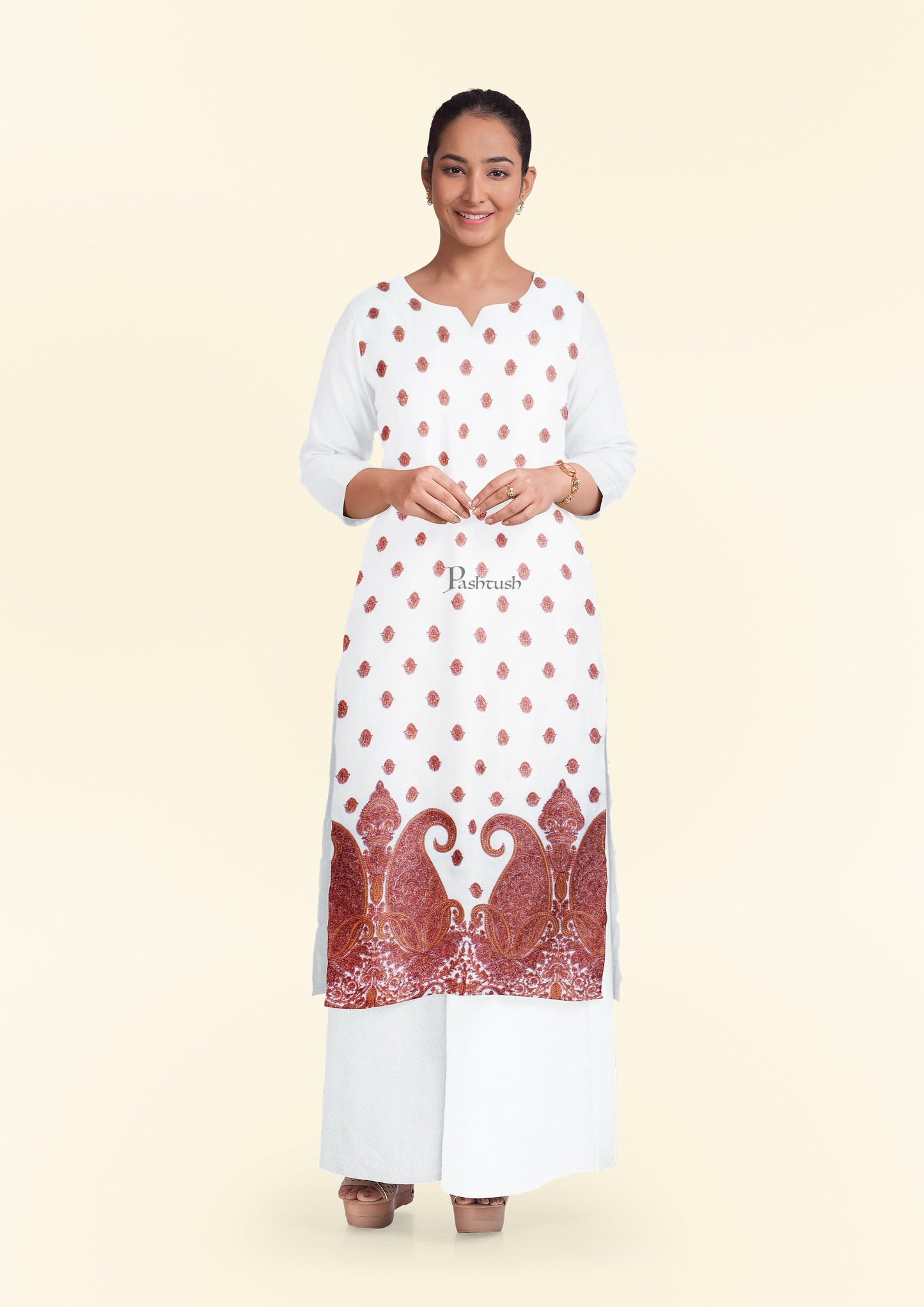 Pashtush India Apparel & Accessories Pashtush women Fine Wool suit with shawl, Kashmiri Embroidery design, Ivory