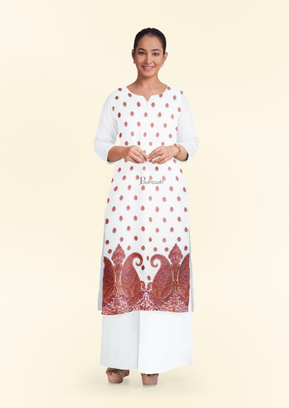 Pashtush India Apparel & Accessories Pashtush women Fine Wool suit with shawl, Kashmiri Embroidery design, Ivory