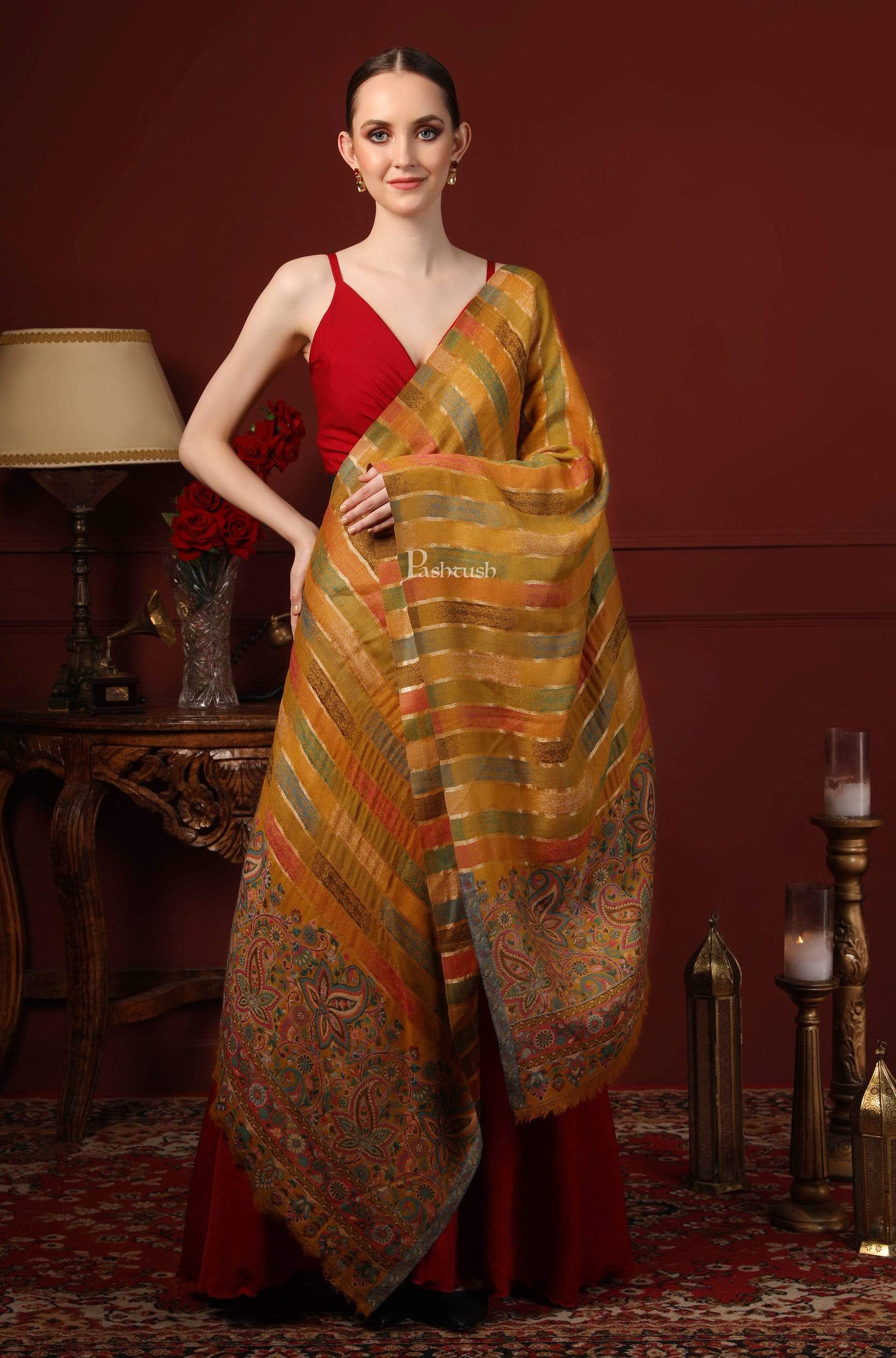 Pashtush India 70x200 Pashtush Women Mustard Pure Wool Striped Kaani Stole