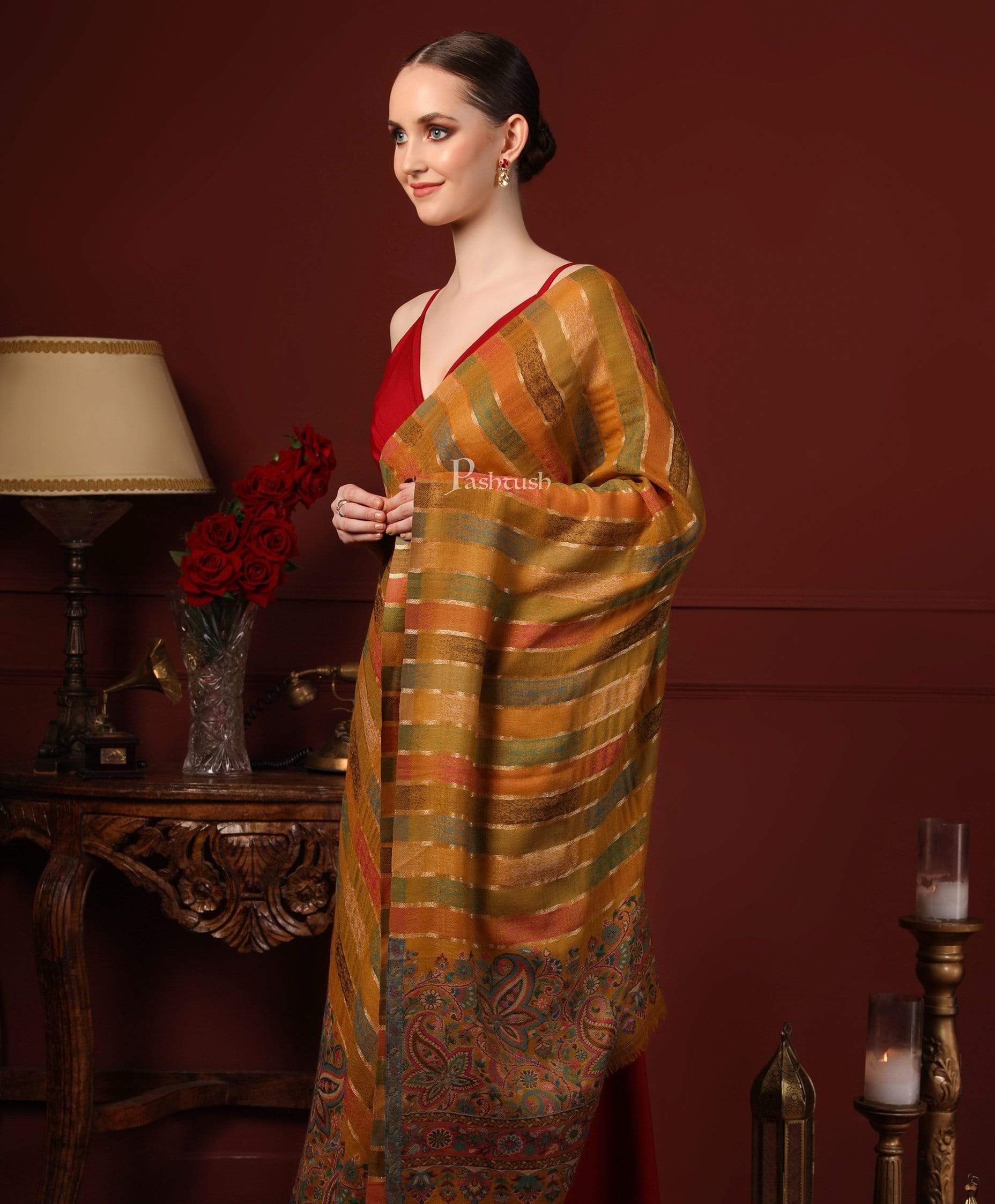 Pashtush India 70x200 Pashtush Women Mustard Pure Wool Striped Kaani Stole