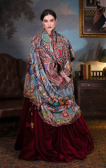 Pashtush India Womens Shawls Pashtush Women Pashmina Hand Embroidered Royal Darbar Shawl, Multicolour