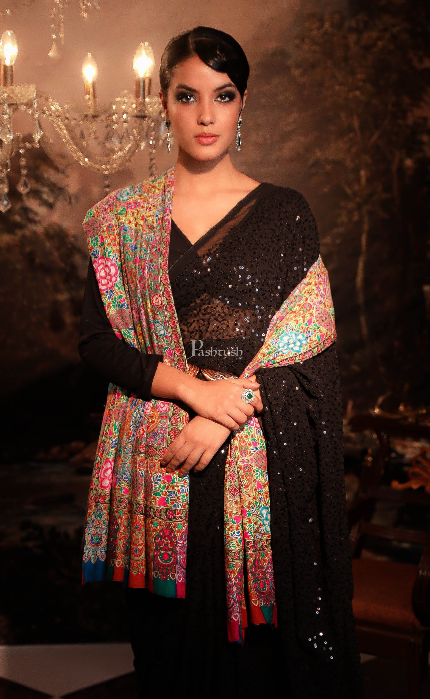 Pashtush India Womens Shawls Pashtush Women Pashmina Handmade Kalamkari Shawl, Multicoloured