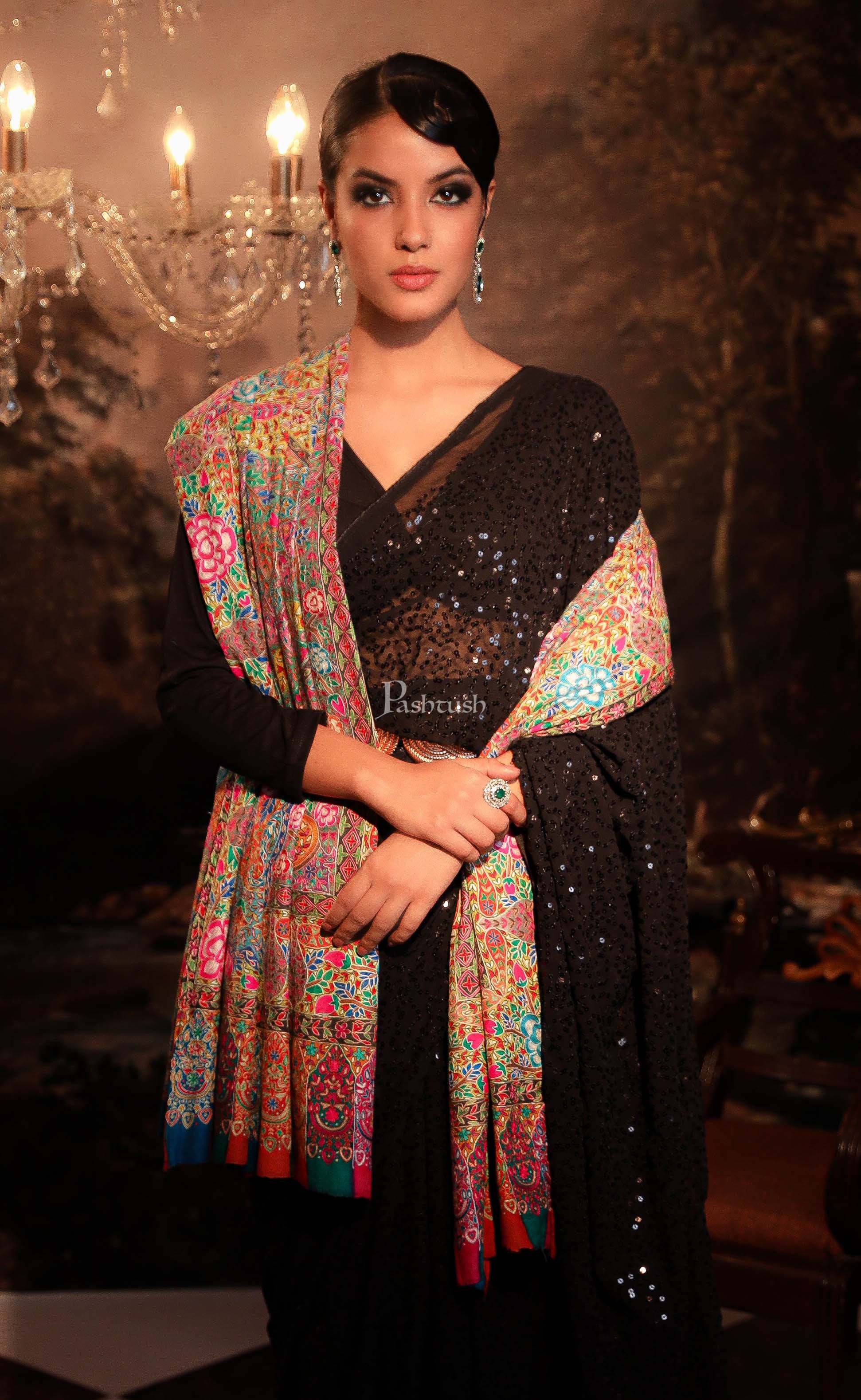Pashtush India Womens Shawls Pashtush Women Pashmina Handmade Kalamkari Shawl, Multicoloured
