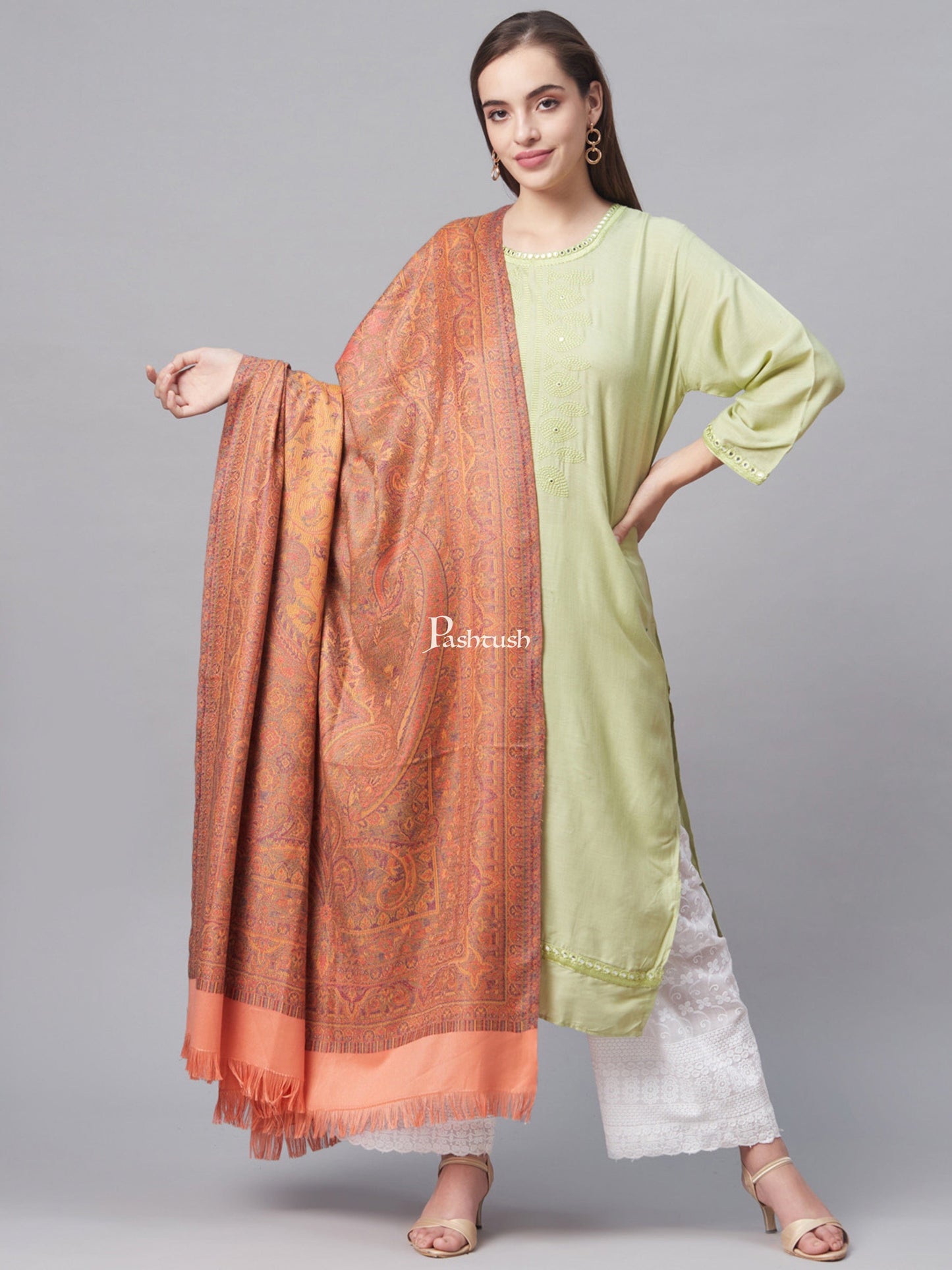 Pashtush India Womens Shawls Pashtush Women Peach-Coloured Ethnic Jamawar Shawl