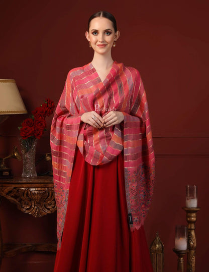 Pashtush India 70x200 Pashtush Women Pink  Grey Pure Wool Striped Kaani Stole