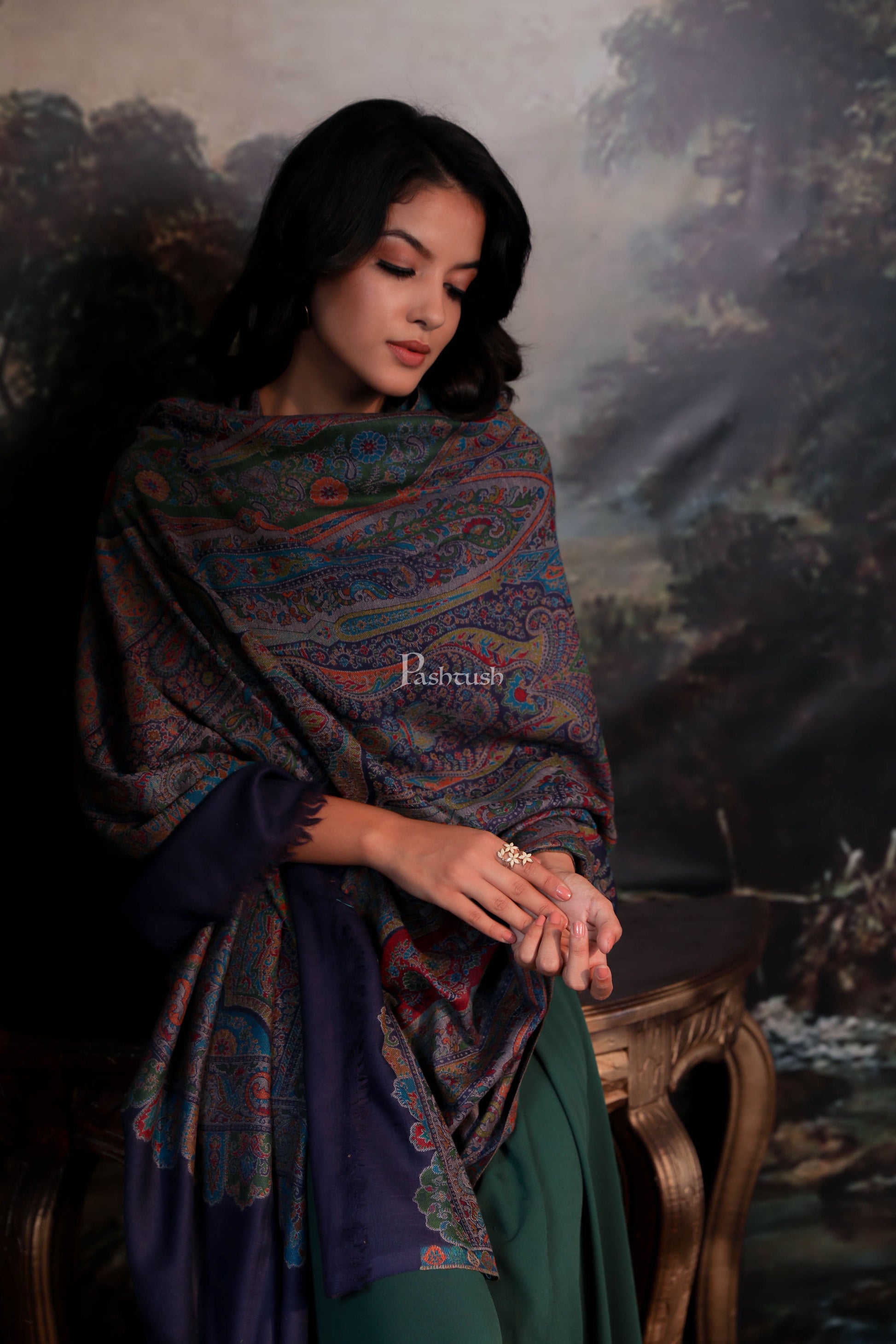 Pashtush India Womens Shawls Pashtush women pure wool, woolmark certificate shawl,  design, navy blue