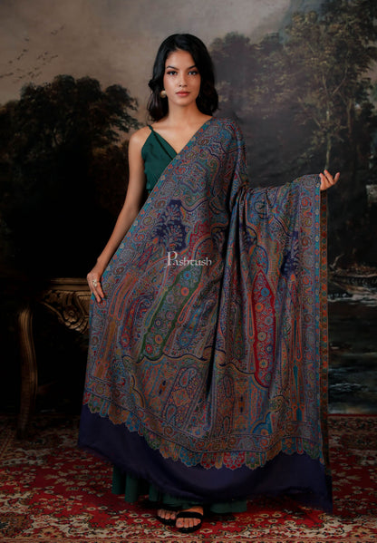 Pashtush India Womens Shawls Pashtush women pure wool, woolmark certificate shawl,  design, navy blue