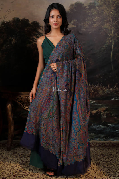 Pashtush India Womens Shawls Pashtush women pure wool, woolmark certificate shawl,  design, navy blue