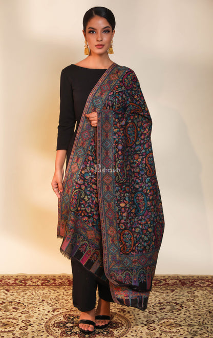 Pashtush India Womens Shawls Pashtush women pure wool, woolmark certified shawl, ethnic weave design, black