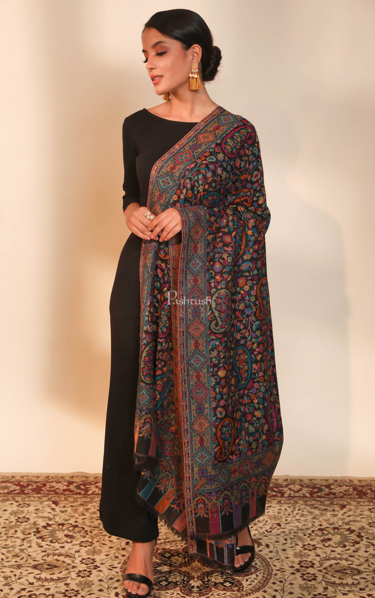 Pashtush India Womens Shawls Pashtush women pure wool, woolmark certified shawl, ethnic weave design, black